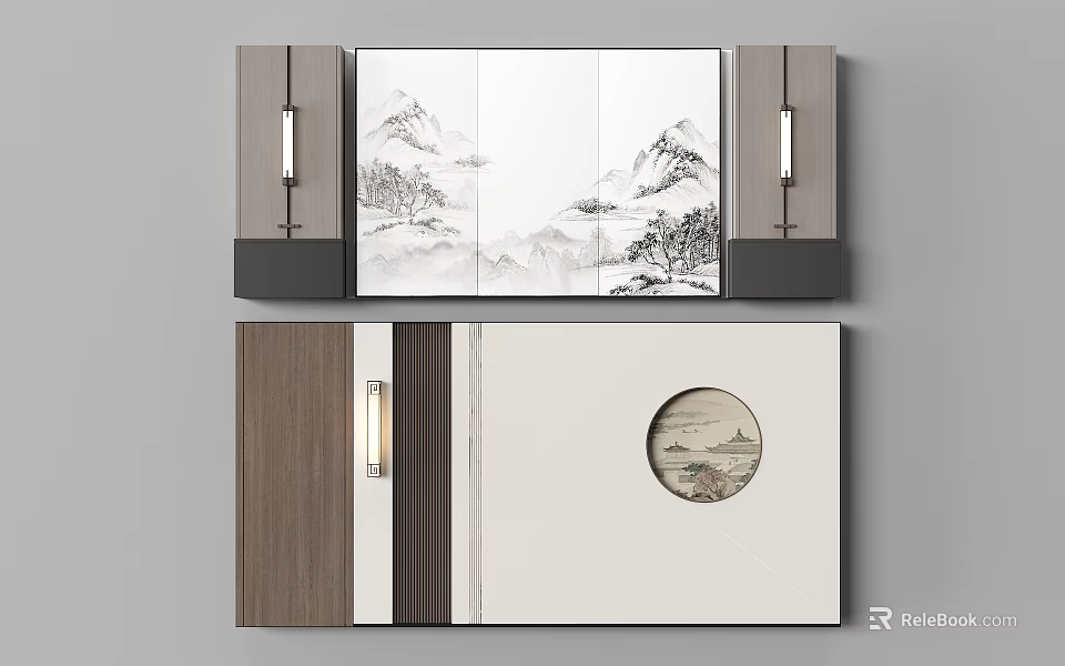 Chinese Style Background Wall With Mountain Landscape Painting Circular Decor And Wooden Panels Lighting 3d model 