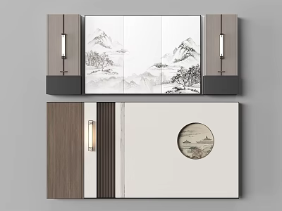 Chinese Style Background Wall With Mountain Landscape Painting Circular Decor And Wooden Panels Lighting 3d model