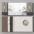 Chinese Style Background Wall With Mountain Landscape Painting Circular Decor And Wooden Panels Lighting