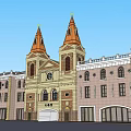 Hotel Building with Twin Orange Spires Classical Style Arched Entrance Adjacent Red Roof Buildings