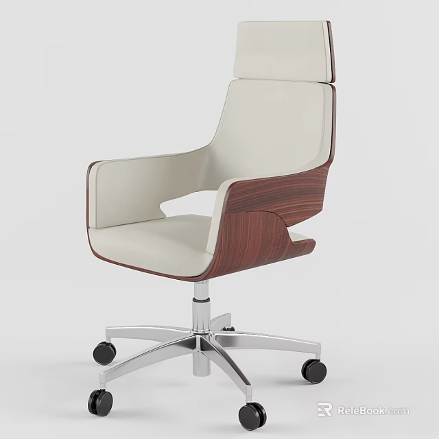 Modern Office Table and Chair Set with Beige Padded Seat Wooden Armrests and Metal Wheels 3d model 