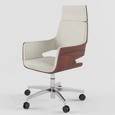 Modern Office Table and Chair Set with Beige Padded Seat Wooden Armrests and Metal Wheels 3d model