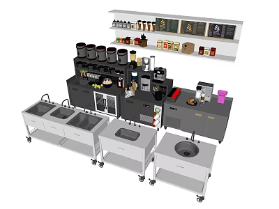 Professional Commercial Kitchen Setup With Worktables Sinks Storage Shelves And Coffee Machine 3d model