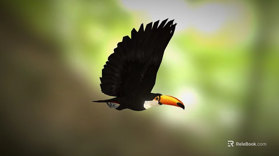 Game Movie Toucan Character Flying With Black Wings Orange Yellow Beak White Throat Blurred Background 3d model 