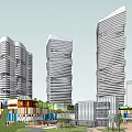 Modern Commercial Complex With White Curved High Rise Buildings Colorful Facilities And Palm Trees