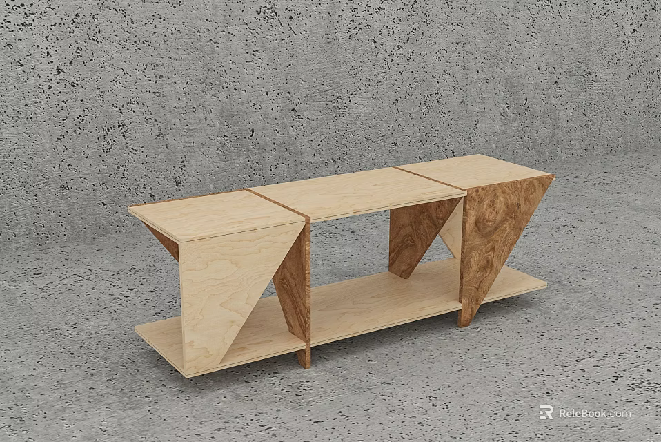 Modern Wooden Decorative Cabinet With Geometric Supports And Open Storage Shelves 3d model 