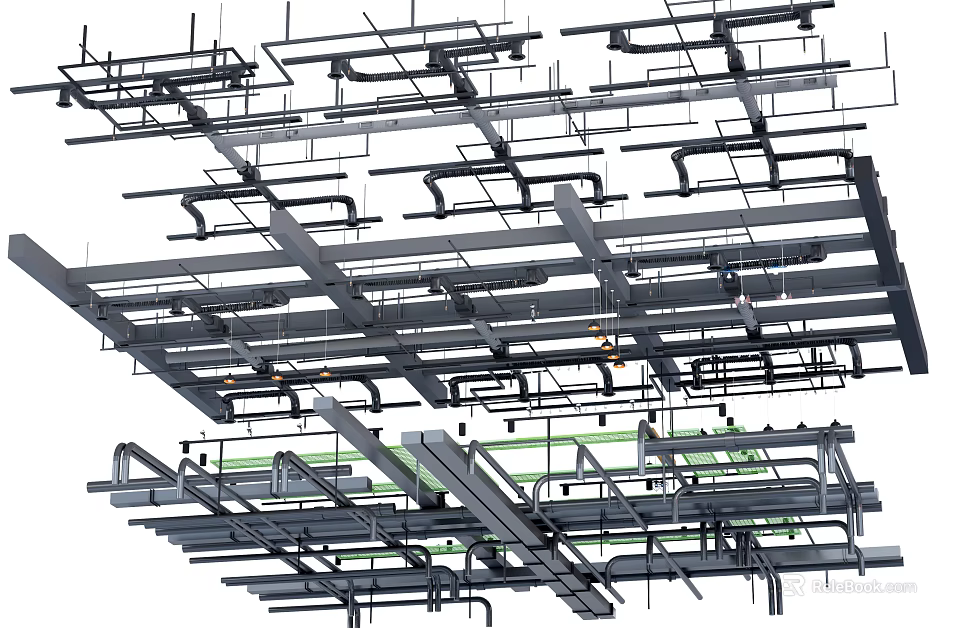 Modern Ceiling Structure With Metal Framework Grid And Support Beams Design 3d model 