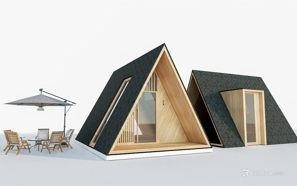 A frame Wooden Cabins With Outdoor Seating And Patio Umbrella Design 3d model 