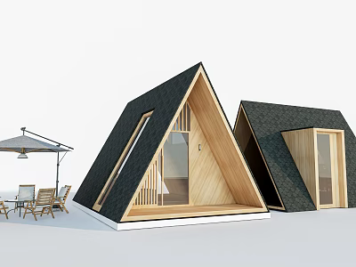 A frame Wooden Cabins With Outdoor Seating And Patio Umbrella Design 3d model