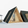 A frame Wooden Cabins With Outdoor Seating And Patio Umbrella Design