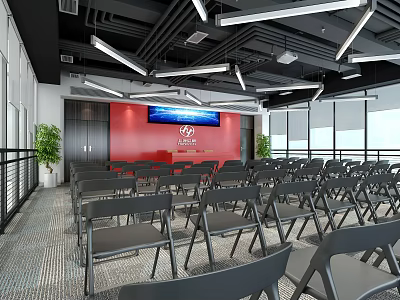 Modern Conference Room Interior With Red Backdrop Large Screen And Rows Of Chairs 3d model