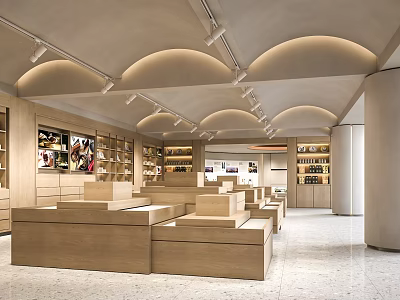 Modern Retail Store Interior With Wooden Display Counters And Ceiling Lighting Design 3d model