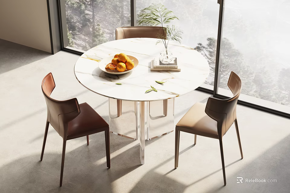 Modern Round Dining Table And Chairs Set With White Tabletop And Scenic Window View 3d model