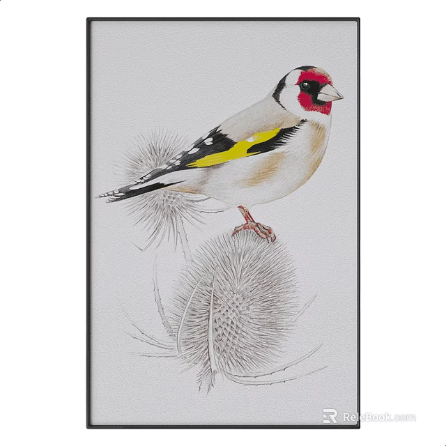 Detailed Animal Painting of Goldfinch Perched on Thistle with Natural Feather Details 3d model 