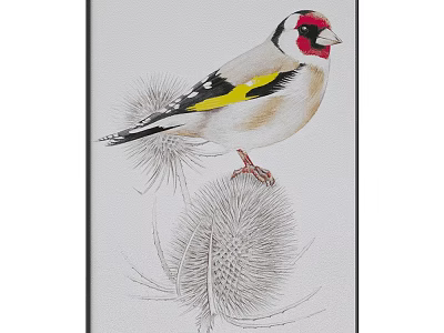 Detailed Animal Painting of Goldfinch Perched on Thistle with Natural Feather Details 3d model