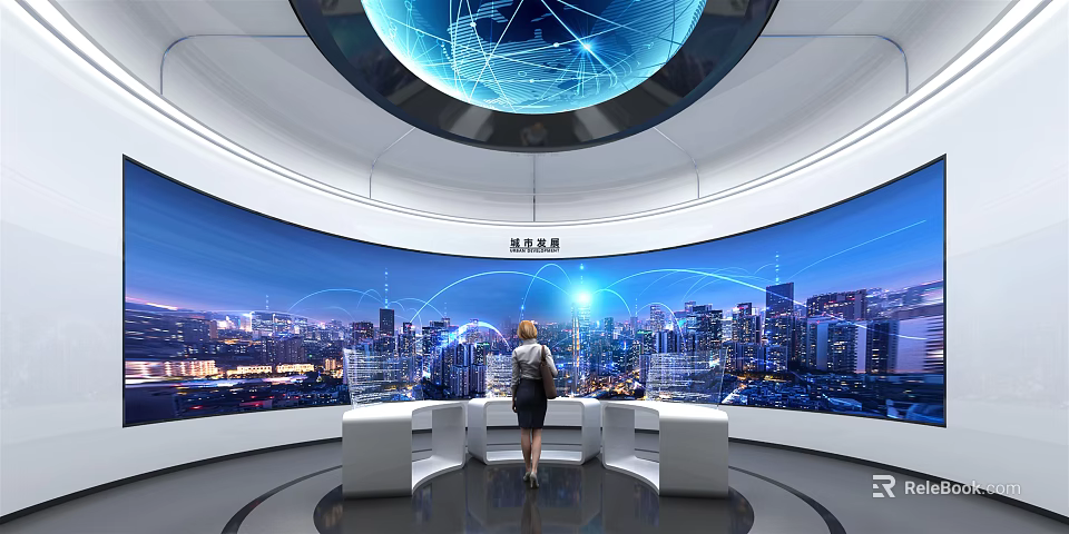 Futuristic Exhibition Hall Interior With Large Curved Screen Showing Cityscape And Digital Globe 3d model 