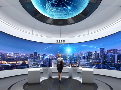 Futuristic Exhibition Hall Interior With Large Curved Screen Showing Cityscape And Digital Globe 3d model