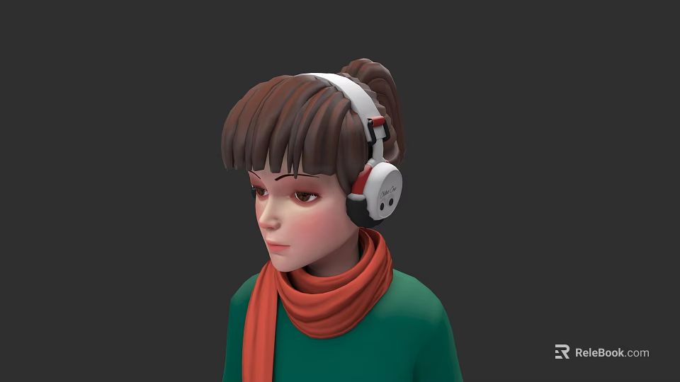 Young Woman With Brown Hair Ponytail Bangs Wearing Headphones Green Top And Orange Scarf 3d model 