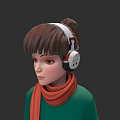 Young Woman With Brown Hair Ponytail Bangs Wearing Headphones Green Top And Orange Scarf