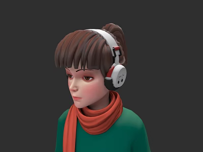 Young Woman With Brown Hair Ponytail Bangs Wearing Headphones Green Top And Orange Scarf 3d model