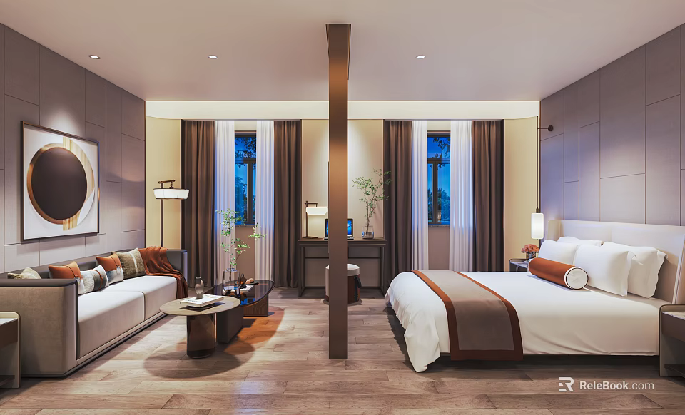 Hotel Guest Room With Comfortable Bed Cozy Sofa Soft Lighting Wooden Floor And Decorative Plants 3d model 