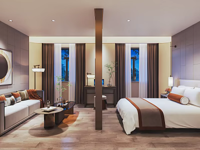 Hotel Guest Room With Comfortable Bed Cozy Sofa Soft Lighting Wooden Floor And Decorative Plants 3d model
