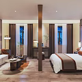 Hotel Guest Room With Comfortable Bed Cozy Sofa Soft Lighting Wooden Floor And Decorative Plants