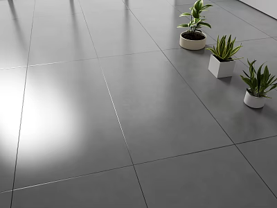 Gray Floor Tiles In Modern Indoor Space With Potted Green Plants Decor 3d model