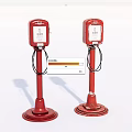 Two Red Vertical Industrial Equipment With Display Screens Connecting Cables And Sturdy Bases