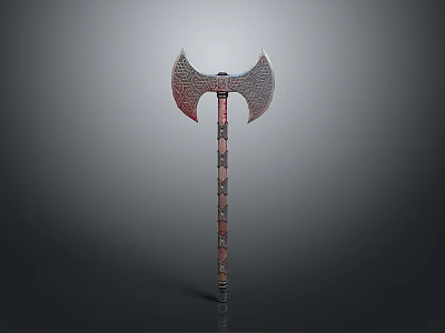 Ancient Double Bladed Axe With Textured Head And Decorative Patterned Wooden Shaft 3d model