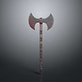 Ancient Double Bladed Axe With Textured Head And Decorative Patterned Wooden Shaft
