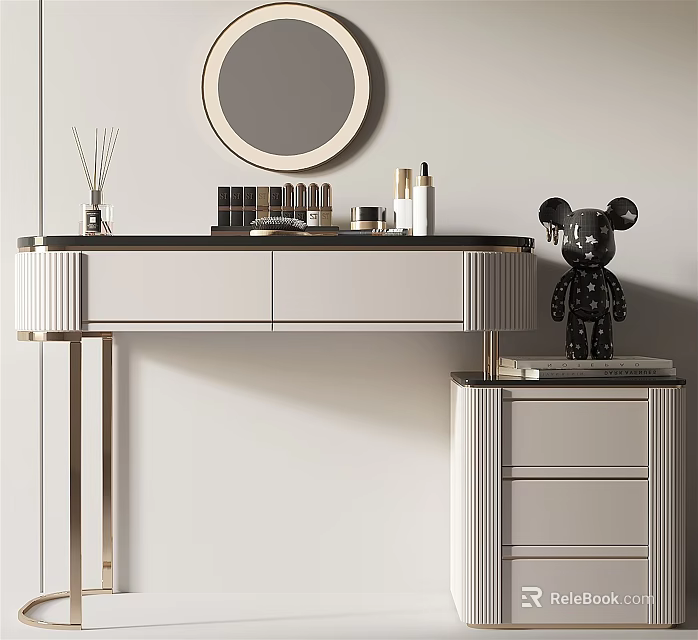 Modern Dressing Table Interior With Round Mirror Cosmetics And Decorative Figurine 3d model