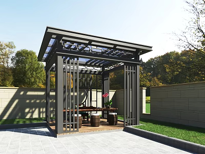 Modern Outdoor Pavilion With Metal Frame Grid Roof And Garden Greenery 3d model