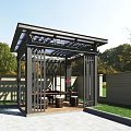 Modern Outdoor Pavilion With Metal Frame Grid Roof And Garden Greenery