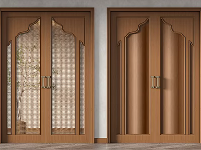 Elegant Wooden Double Doors With Glass Panels And Vertical Slats Interior Design 3d model