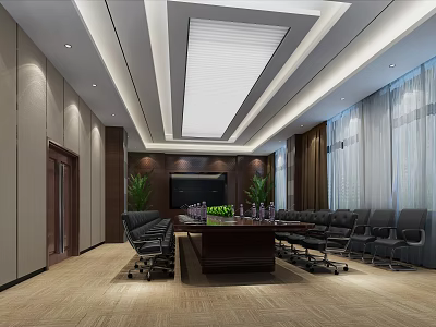 Modern Conference Room With Long Wooden Table Black Office Chairs Large Screen And Green Plants 3d model