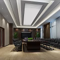 Modern Conference Room With Long Wooden Table Black Office Chairs Large Screen And Green Plants