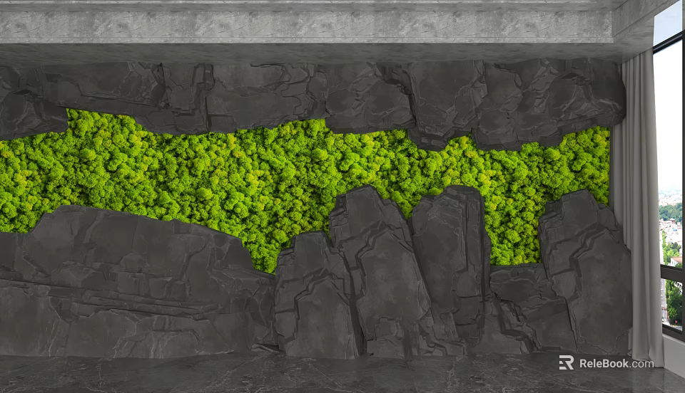 Natural Feature Wall with Black Stone Texture and Lush Green Foliage Design 3d model 