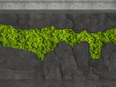 Natural Feature Wall with Black Stone Texture and Lush Green Foliage Design 3d model