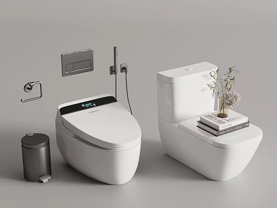 Modern Smart Toilet and Regular Toilet in Bathroom With Trash Can Flower Books Control Panel 3d model