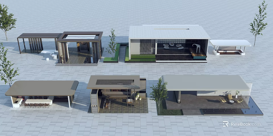 Modern Outdoor Pergola Designs With Multiple Architectural Structures And Garden Elements 3d model