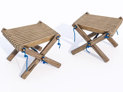 Wooden Folding Stools With Slatted Seat Crossed Legs And Blue Rope Fasteners 3d model