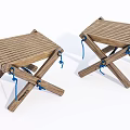 Wooden Folding Stools With Slatted Seat Crossed Legs And Blue Rope Fasteners