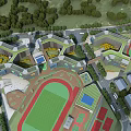 Modern School Campus Buildings With Track Field Lawn And Green Surroundings