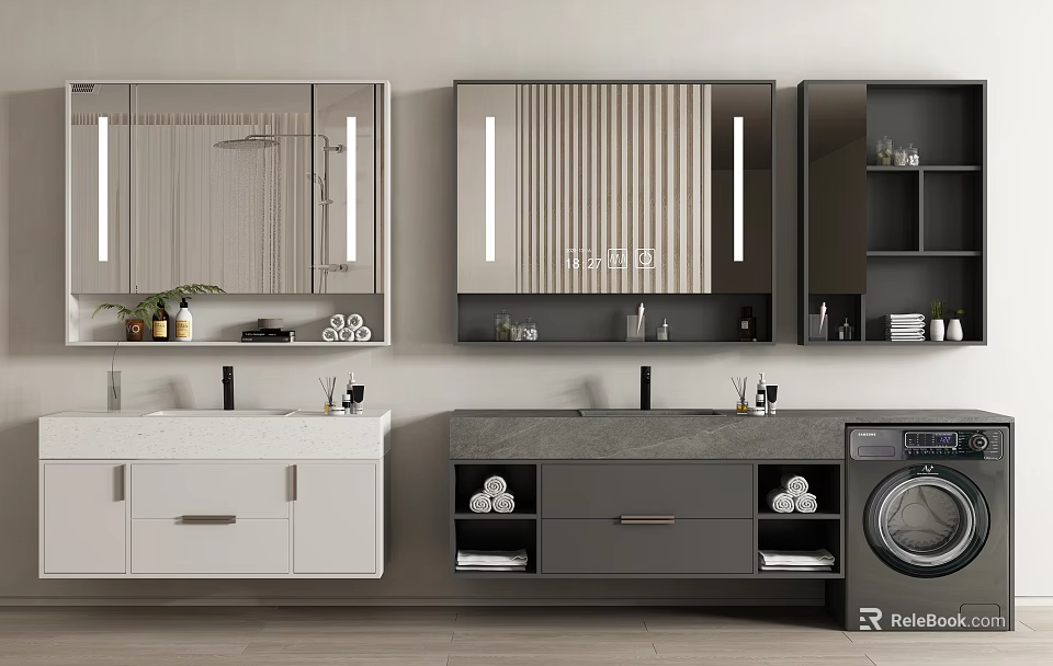 Modern Bathroom Interior With Vanity Mirrors Cabinets Storage And Washing Machine 3d model