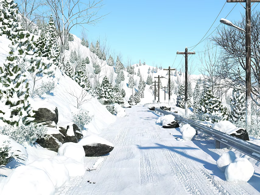 Scenic Snow Covered Road With Pine Trees Telephone Poles And Blue Sky 3d model 