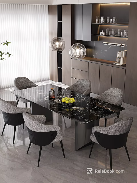 Modern Restaurant Interior With Black Marble Dining Table Gray Chairs And Pendant Lights 3d model 