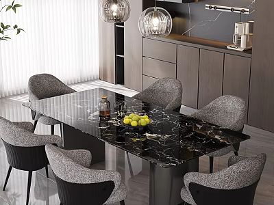 Modern Restaurant Interior With Black Marble Dining Table Gray Chairs And Pendant Lights 3d model