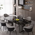 Modern Restaurant Interior With Black Marble Dining Table Gray Chairs And Pendant Lights