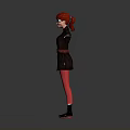 Woman with red hair wearing sunglasses black coat red pants black boots with arms outstretched